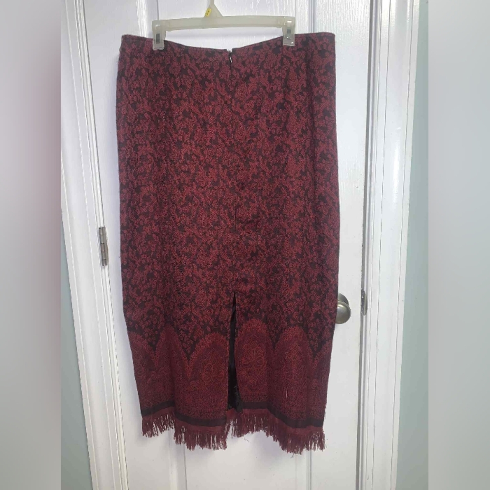 Christopher & Banks Elegant Black Burgundy Floral Maxi Skirt Fringe - Picture 2 of 6